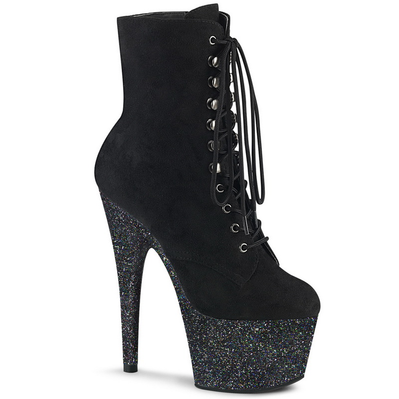 7" Heel Black Faux Suede & Glittered Platform Ankle Boots
