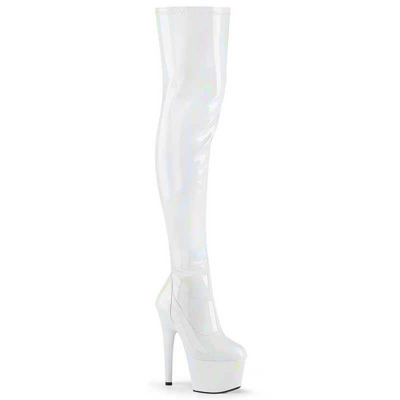 7" Heel White Stretch Thigh High Boots