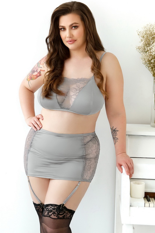 Plus Size Grey Bralette & Gartered Skirt Set