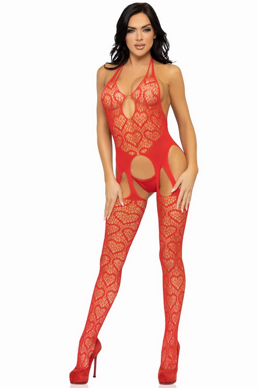 Red Seamless Heart Net Bodystocking image 2
