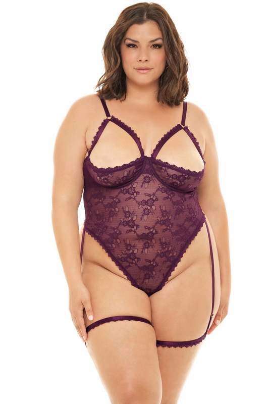 Plus Size Potent Purple Lace Shelf Cup Lingerie Teddy image 2