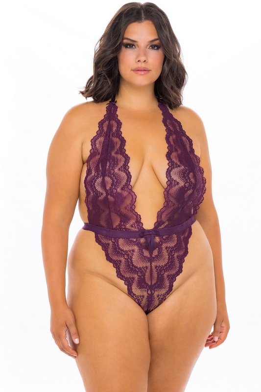 Plus Size Purple Alessa Plunging Lace Lingerie Teddy