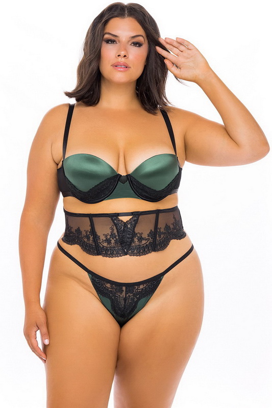 Plus Size Green & Black Embroidered Bra Set