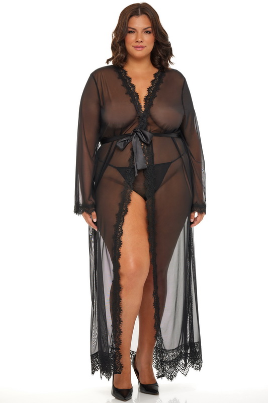 Plus Size Black Sheer Floor Length Robe