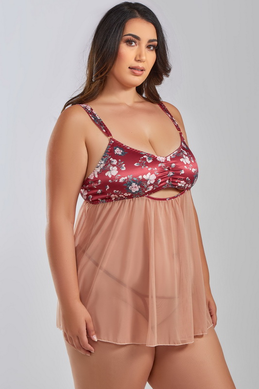 Plus Size Red & Nude Floral Satin Lingerie Babydoll image 1