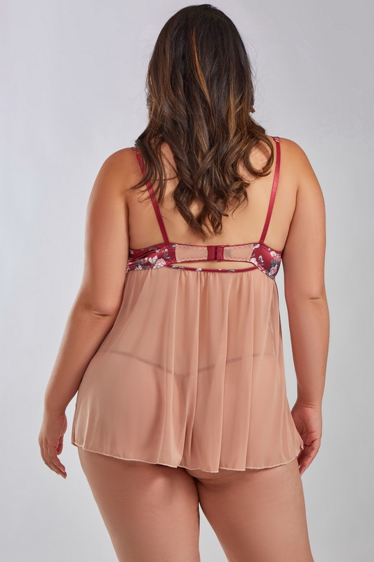 Plus Size Red & Nude Floral Satin Lingerie Babydoll image 2