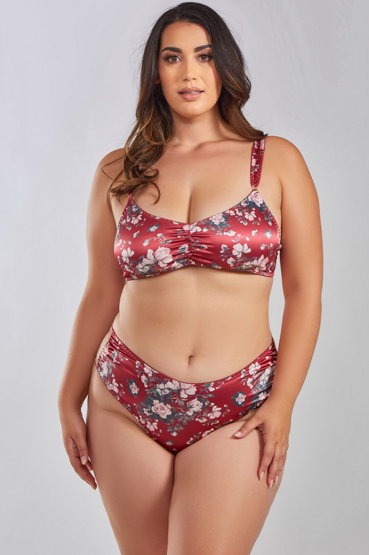 Plus Size Red & Nude Floral Satin Bra Set