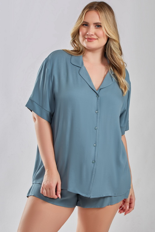 Plus Size Blue Cotton Esme Button Up Shirt & Shorts Sleepwear