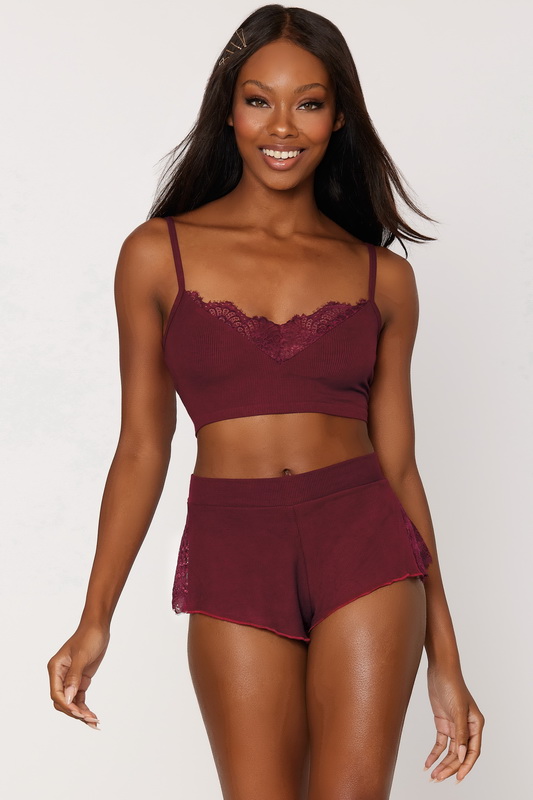 Burgundy Rib Knit Sleepwear Bralette & Shorts