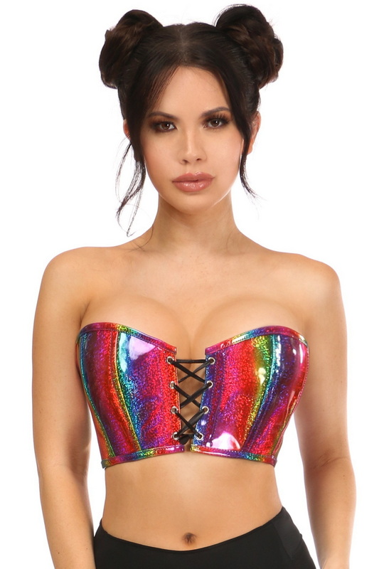 Plus Size Lavish Rainbow Glitter PVC Lace-Up Bustier Top