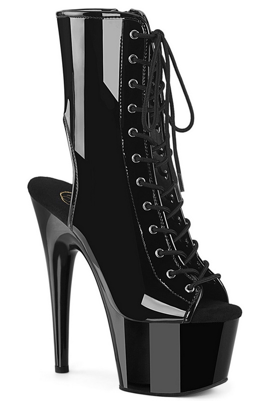Black Pat 7" Platform Open Toe Back Lace-Up Front Ankle Boots