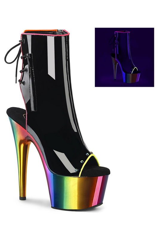 7" Black Pat Heel Blacklight Reactive Piping Ankle Boots