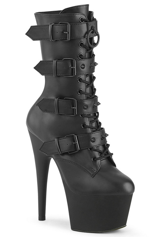 7" Heel Black Faux Leather Buckled & Lace Up Ankle Boots