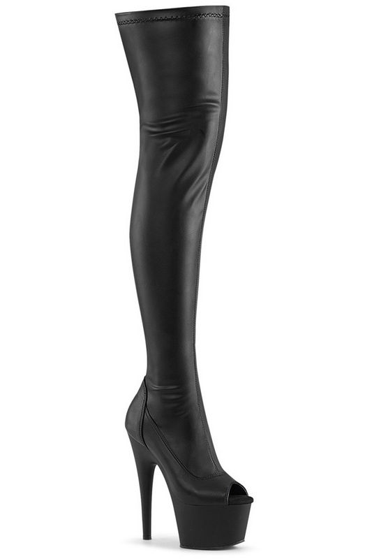 7" Heel Black Faux Leather Peep Toe Stretch Thigh High Boots