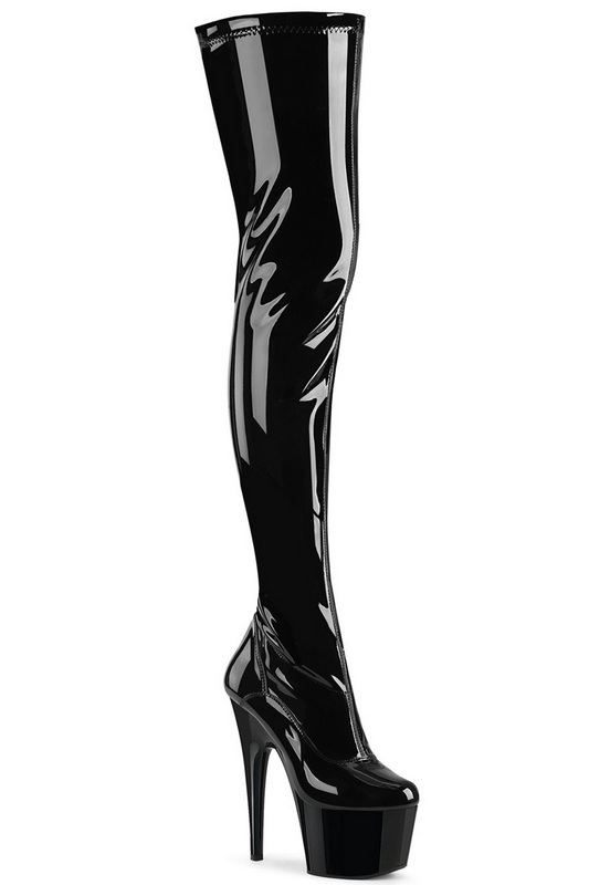 7" Heel Black Stretch Pat High Thigh Boots