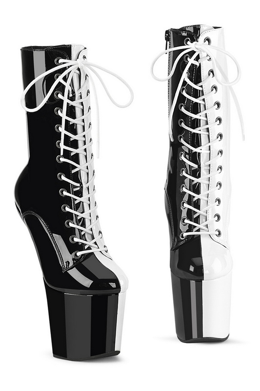 8" Heelless Black & White Pat Lace Up Ankle Boots