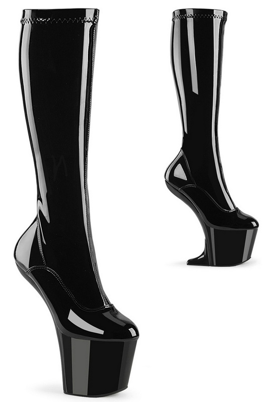 8" Heelless Black Stretch Patent Knee High Boots