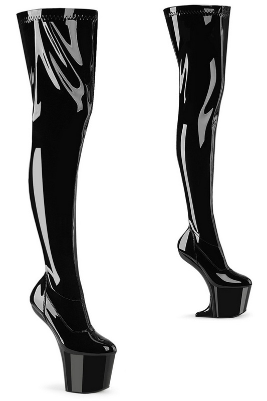 8" Heelless Black Patent Stretch Thigh High Boots