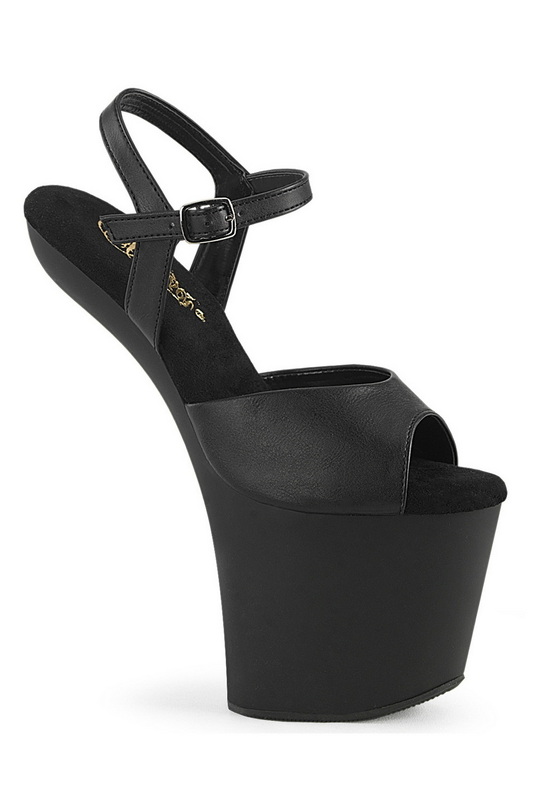 8" Heelless Black Faux Leather Ankle Strap Sandals