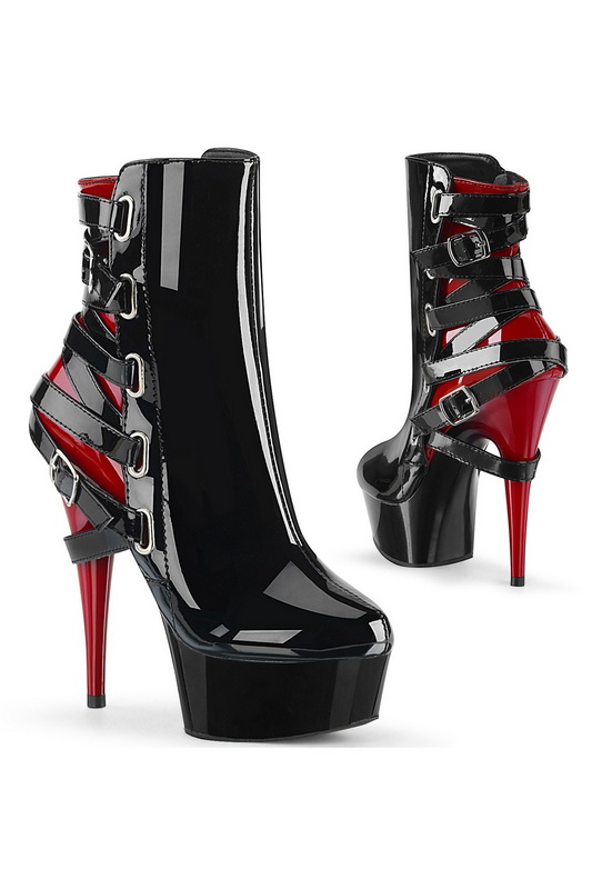 6" Black & Red Stiletto Strappy Back Ankle Boots