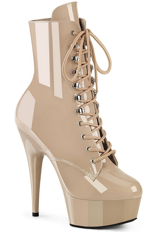 6" Stiletto Heel Nude Patent Platform Lace-Up Ankle Boots