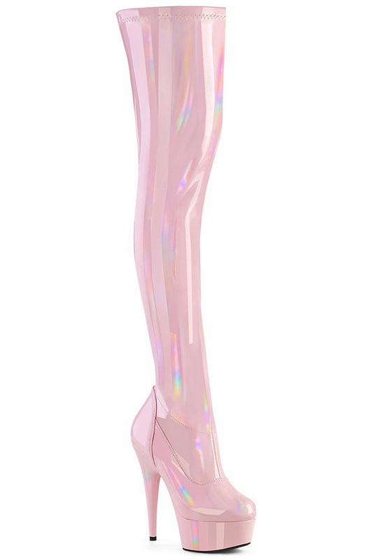 6" Heel Baby Pink Stretch Hologram Thigh High Boots