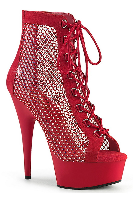 6" Red Faux Suede Front Lace Up Rhinestone Ankle Boots