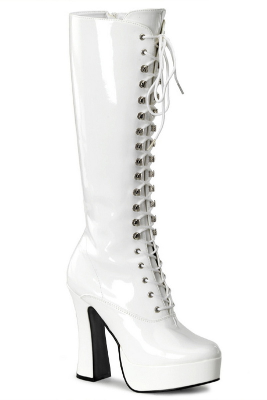 5" White Patent Stack Heel Knee High Boots