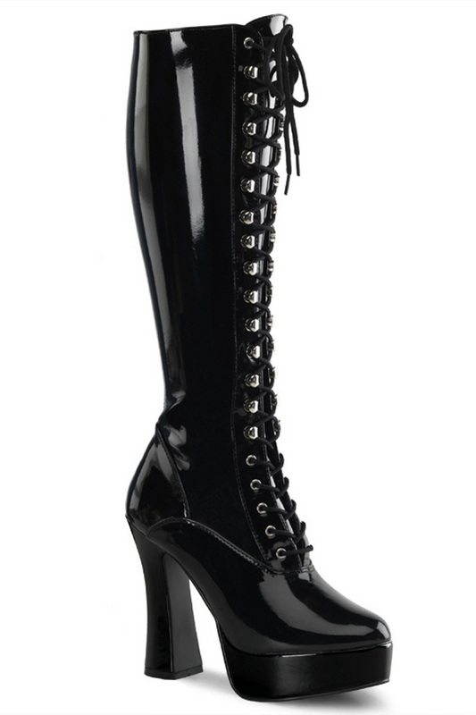 5" Black Patent Stack Heel Lace Front Knee High Boots