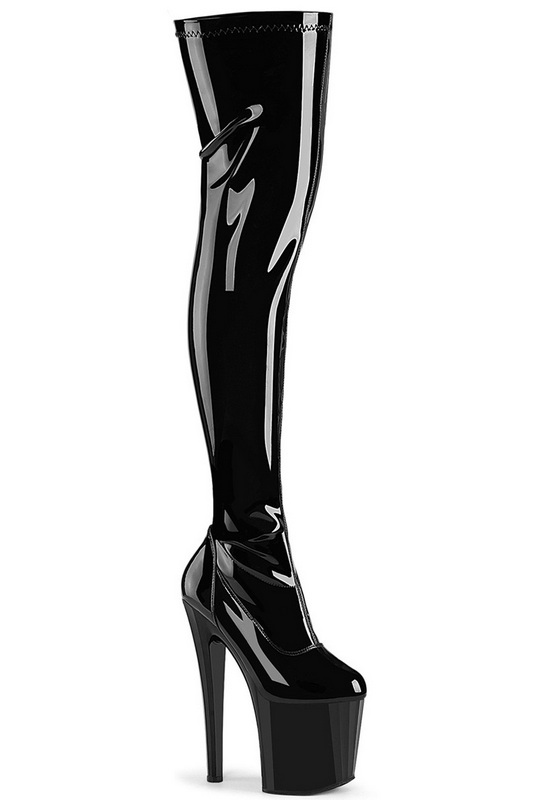 7 1/2" Black Patent Prismatic Base Thigh High Boots