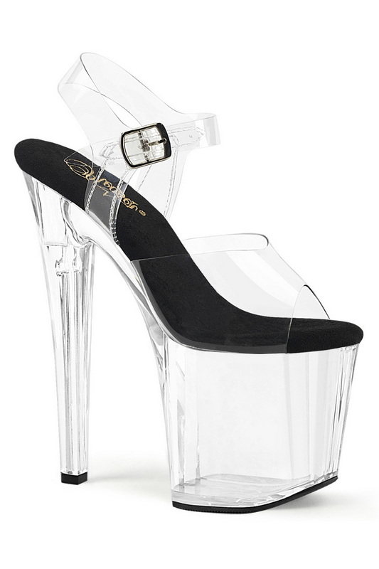 7 1/2" Clear & Black Prismatic Base Ankle strap Sandals