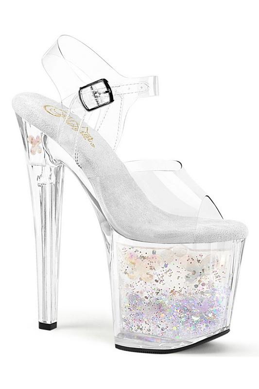 7 1/2" Liquid & Silver Glitter Filled Platform Ankle Strap Sandals
