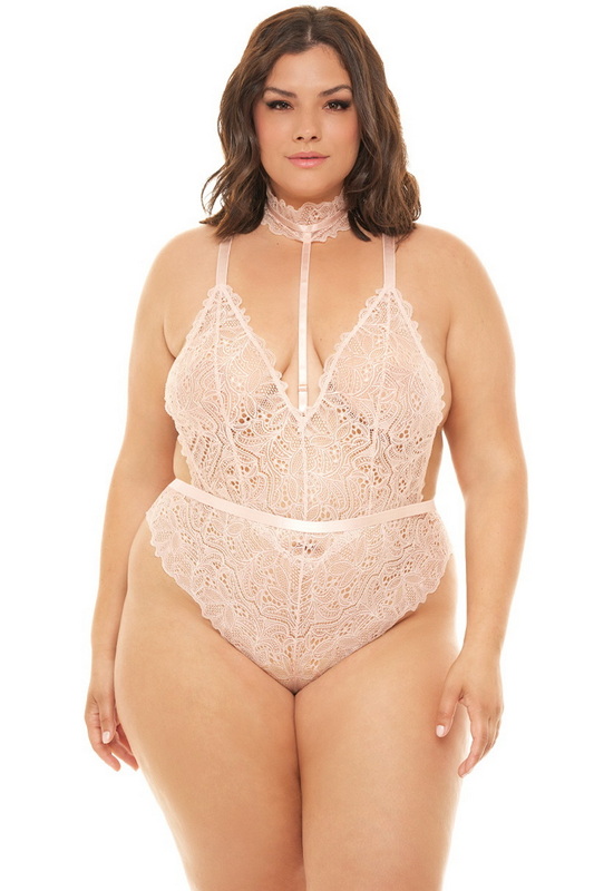 Plus Size Peach Whip Lace Collared Lingerie Teddy