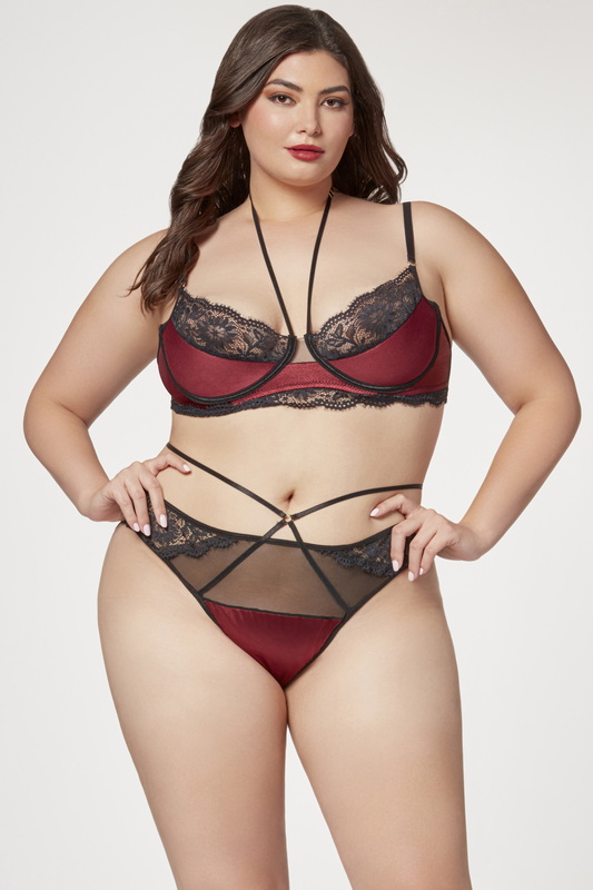 Plus Size Wine & Black Romantic Demi Lingerie Bra Set image 1