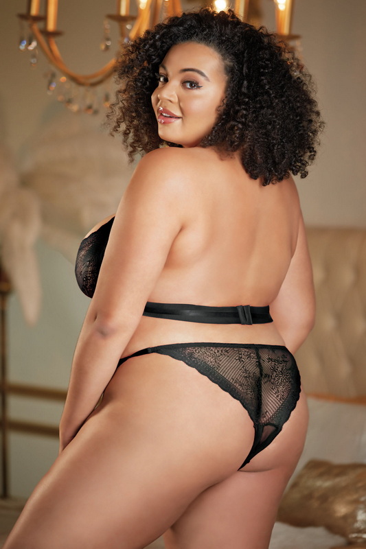 Plus Size Black Carrie Halter Lace Lingerie Teddy image 1