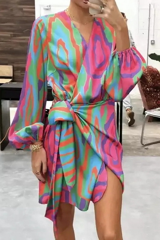 Multi Color V-Neck Wrap Dress