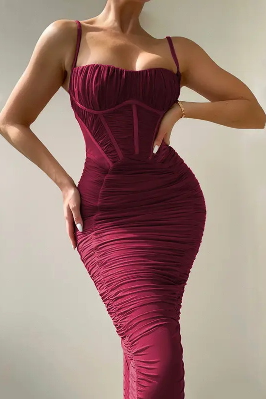Wine Red Fitted Ruched Full Length Dress