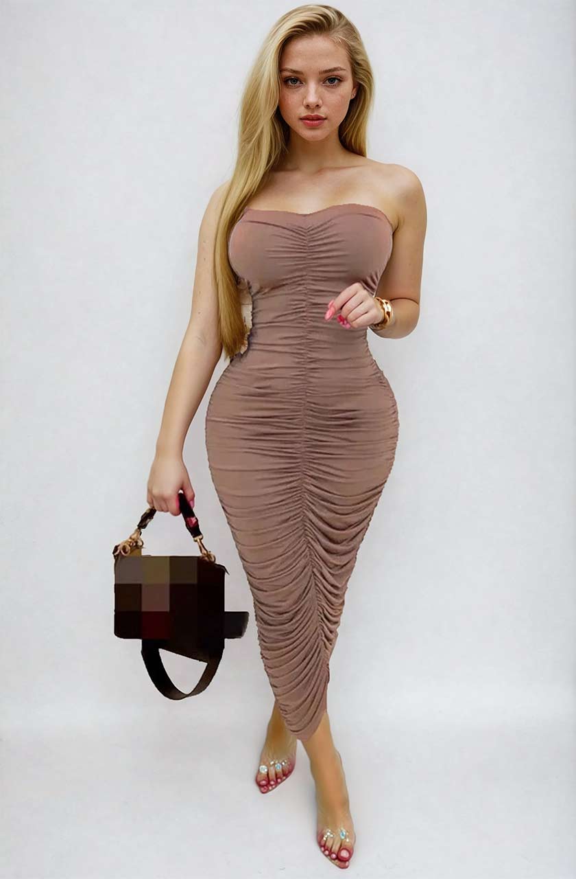 Mauve Ruched Strapless Bodycon Dress