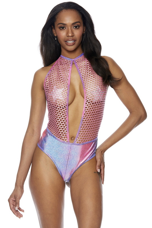 Pink & Blue Monster Fishnet Teddy Romper