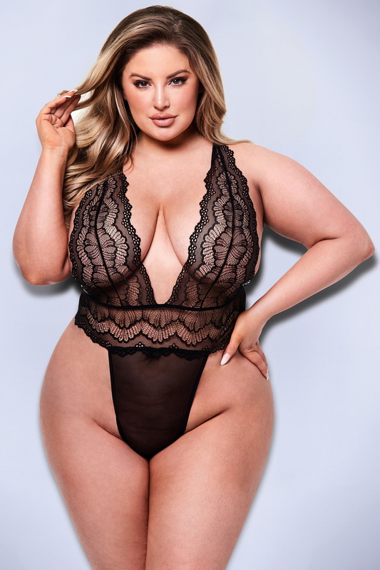 Plus Size Black Lace High Cut G-String Lingerie Teddy