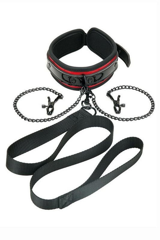 Black & Red Heartbreaker Collar, Nipple Clips, & Leash