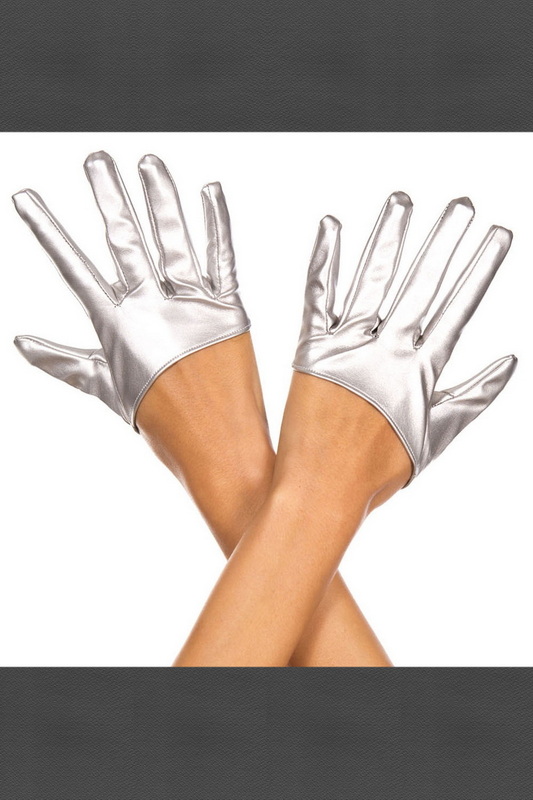 Silver Short Wet Look Gloves