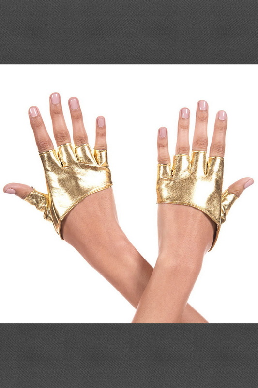 Gold Short Fingerless Wet Look Gloves