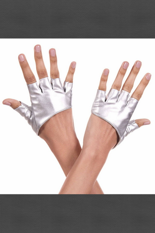 Silver Short Fingerless Wet Look Gloves