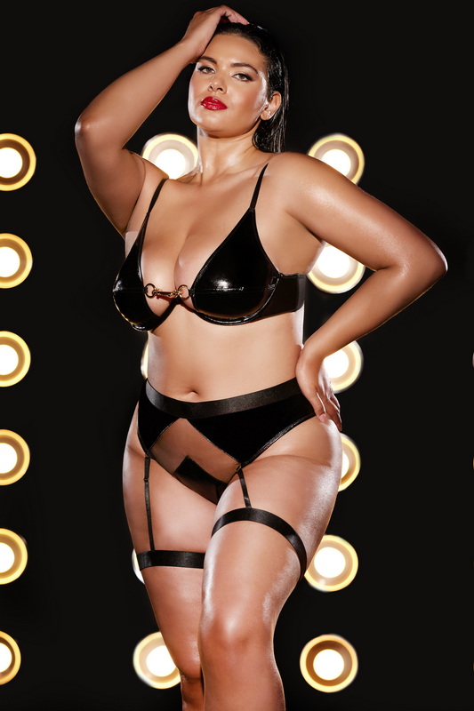 Plus Size Black Vinyl Fatale Bra & Gartered Panty