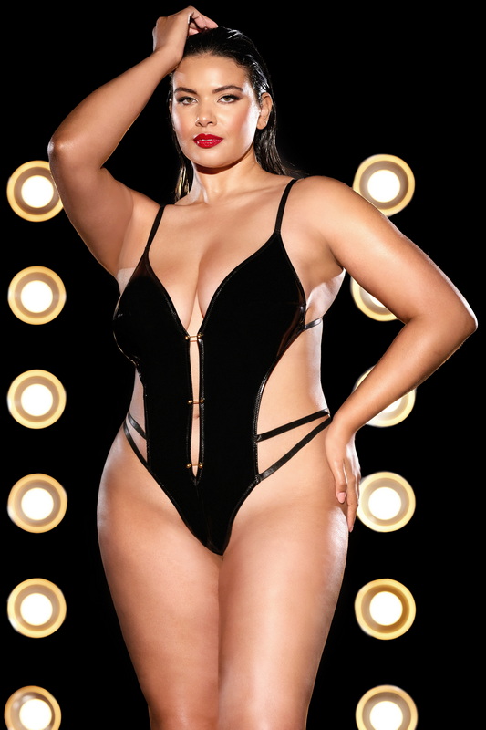Plus Size Black Vinyl Whipped Crotchless Teddy