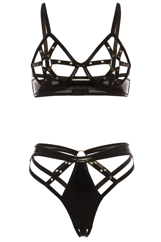 Black Vinyl Bold Look Cage Bra & Panty