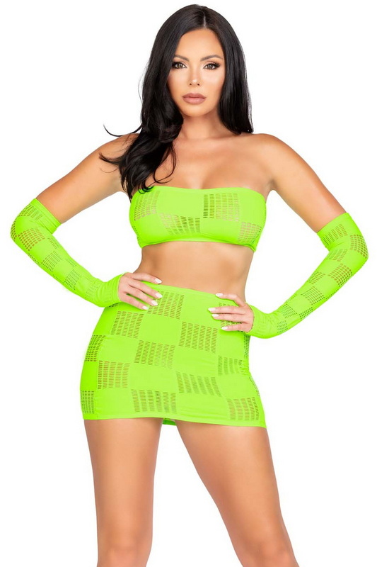 Neon Green Checkerboard Bandeau, Skirt, & Gloves image 1