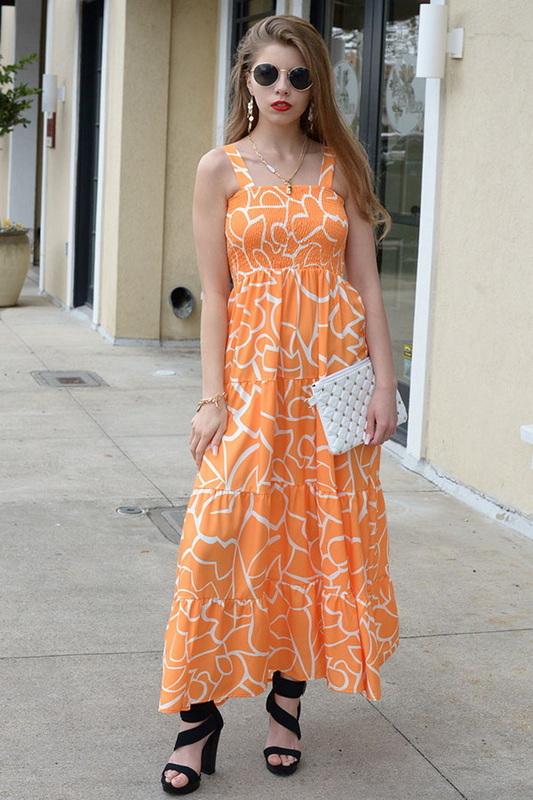 Orange Floral Sleeveless Woven Dress