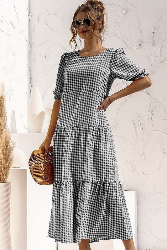 Black Plaid Print Puff Sleeve Midi Dress